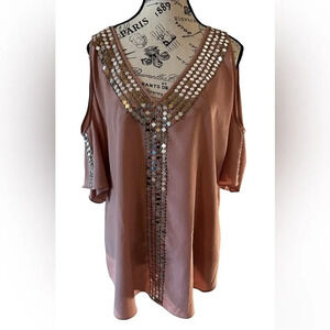 Moda International  Embellished  Cold Shoulder pink Top medium.  Blingy